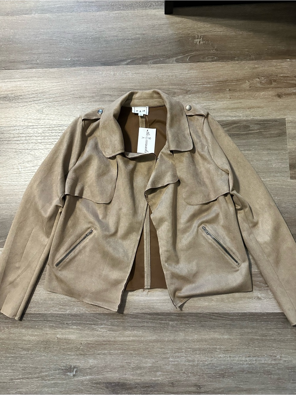 E&M Taupe Suede Open‑Front Jacket – Size L – Chic Fall Layer
